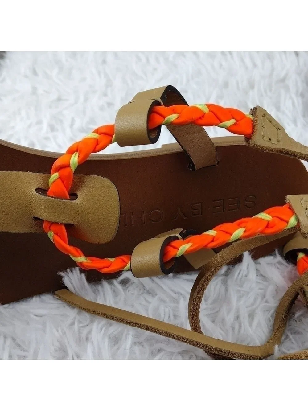 See By Chloe Tan Leather Almond Toe Thong Braided T-Strap Ankle Lace Sandal Shoe